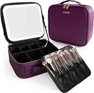 ZEVGANI Travel Makeup Bag with LED Mirror, Rechargeable Lighted Makeup Case with Adjustable Brightness & Dividers, Portable Makeup Box Organizer Vanity Case for Toiletries & Brushes, Plum Purple