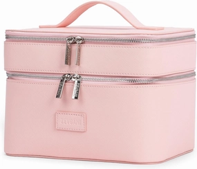 ZEVGANI Vanity Case Leather Makeup Bag with Mirror, Large Travel Toiletry Bag Make up Cosmetic Organizer Dual Compartments Brush Storage & Removable Divider for Full-Size Toiletries Skincare, Pink