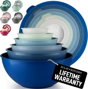 Zulay Kitchen 12 Piece Plastic Mixing Bowls with Leak-Proof Lids Set - Microwave and Freezer Safe Kitchen Mixing Bowls for Preparing, Serving and Storing - Large Nesting Bowls (Blue Ombre)